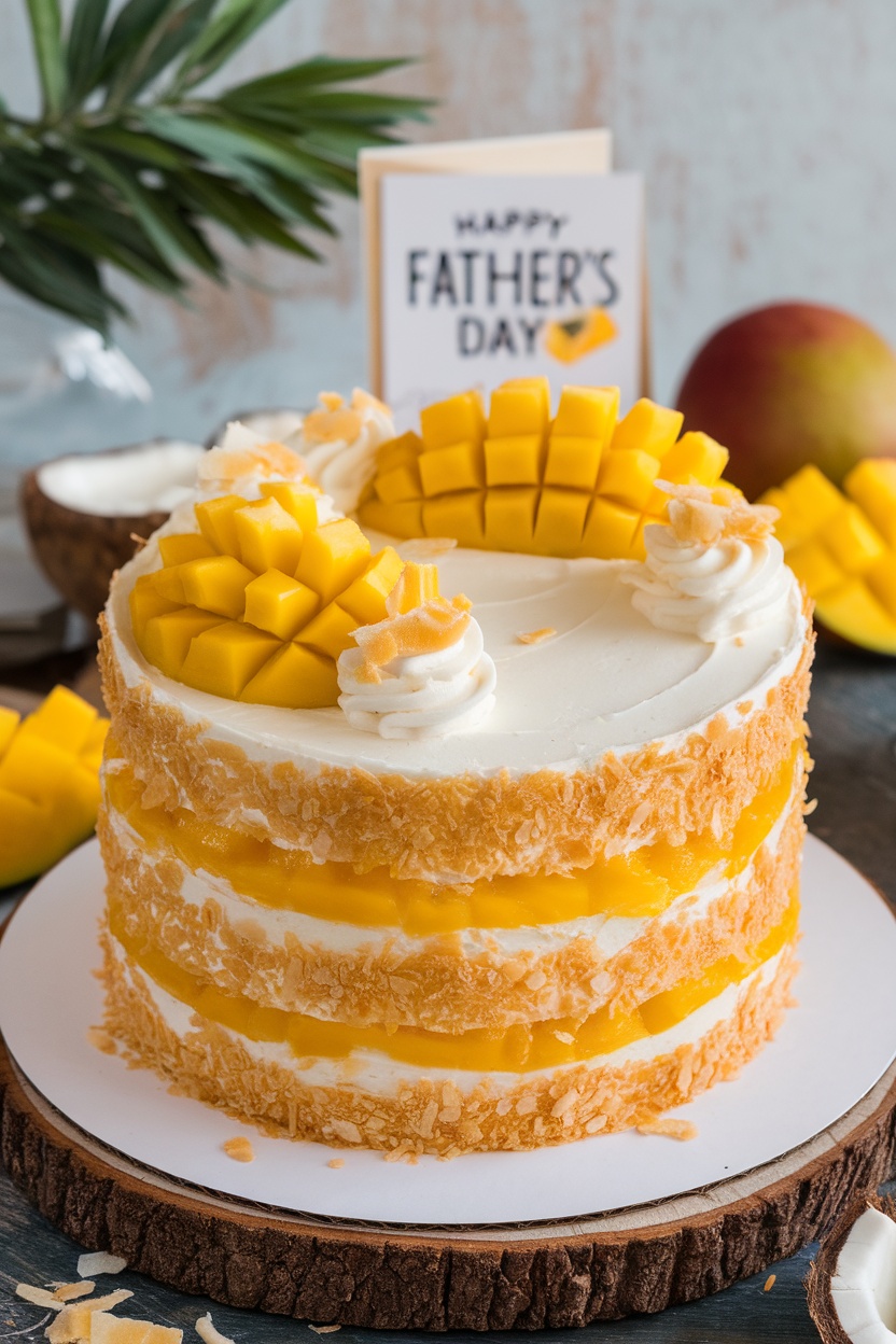 Mango Coconut Cake decorated with mango slices and coconut flakes on a rustic table for Father