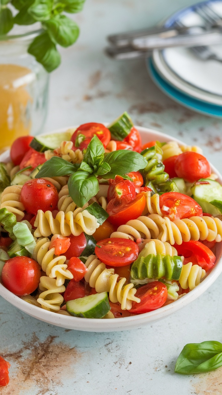 Italian pasta salad with vegetables and dressing in a colorful bowl on a rustic table.