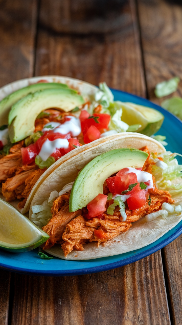 A colorful plate of shredded chicken tacos topped with tomatoes, lettuce, and avocado, served on a rustic table.