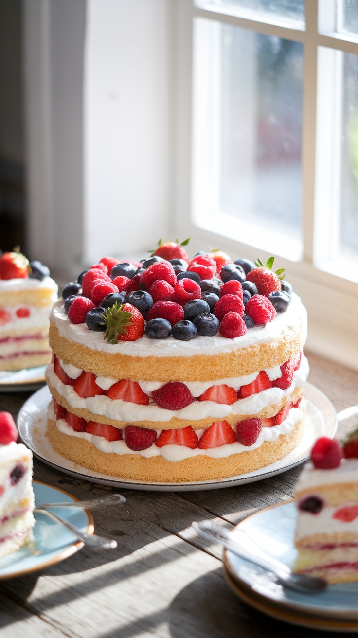 A light summer cake topped with fresh berries and whipped cream, placed on a rustic table, showcasing a delightful summer dessert.