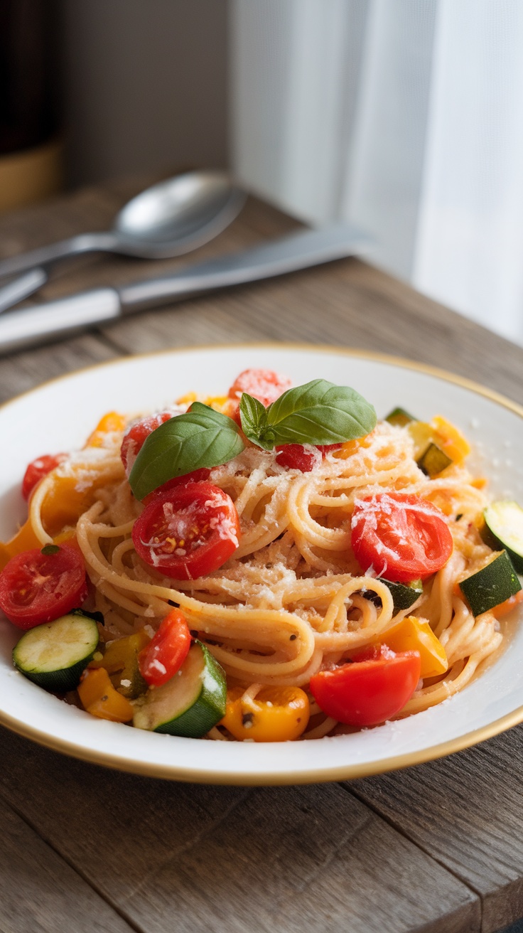 A plate of veggie pasta with zucchini, bell peppers, and cherry tomatoes, garnished with cheese and basil.