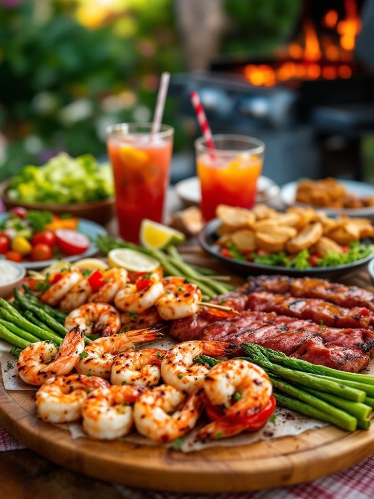 A colorful spread of grilled shrimp, burgers, and red meat with asparagus, perfect for an outdoor dinner.