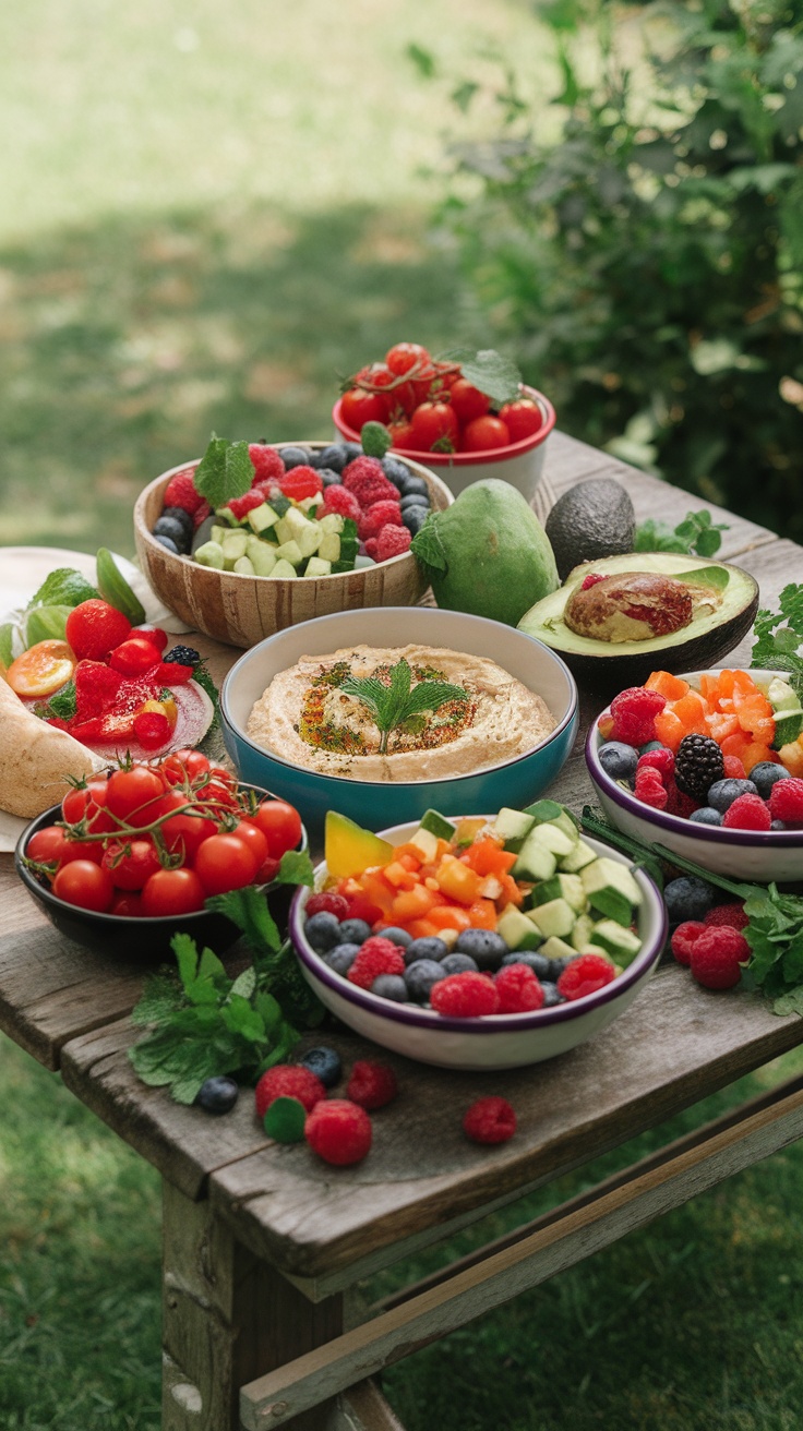 Healthy summer snack bowls filled with fresh vegetables and berries, served with hummus dip, on a rustic wooden table.