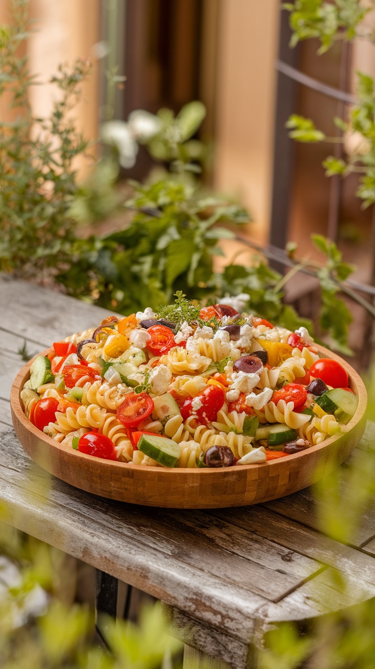 Colorful pasta salad with tomatoes, cucumbers, bell peppers, olives, and feta cheese in a bowl on a wooden table.