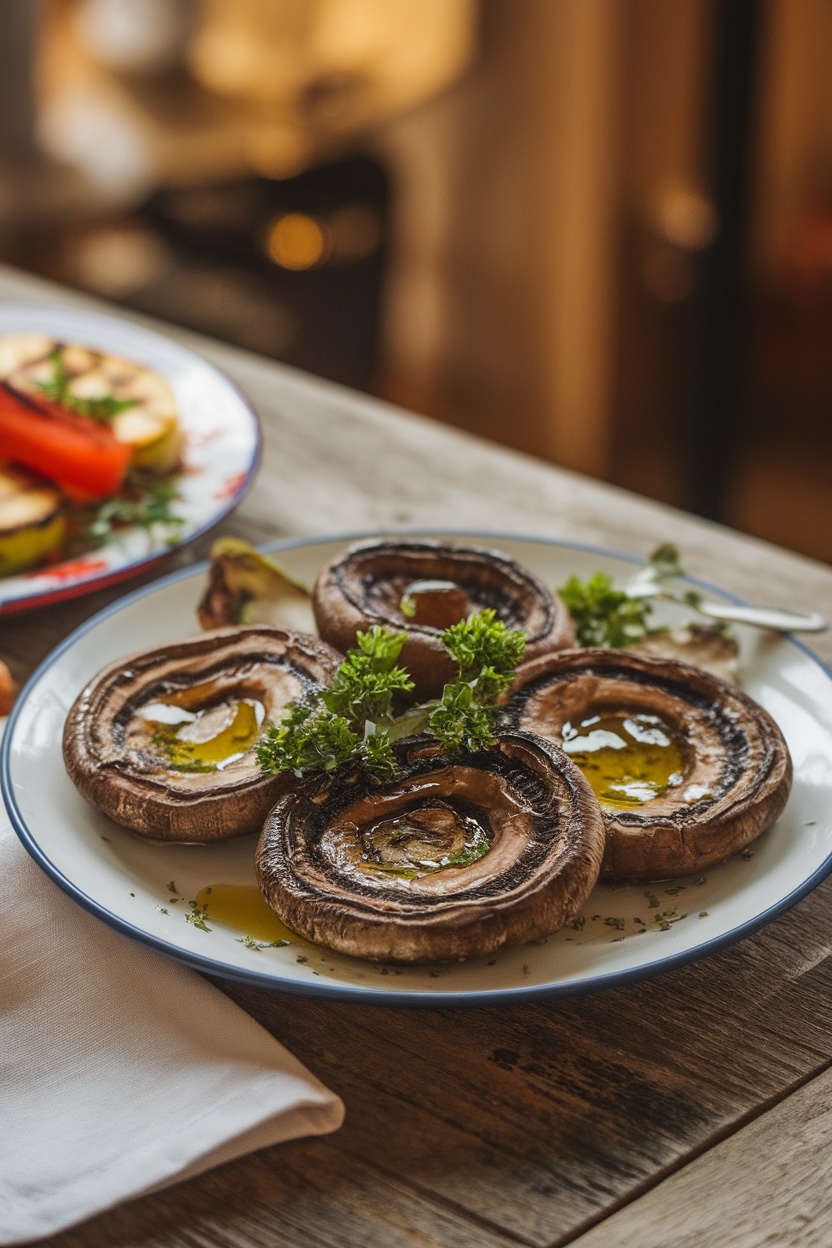 Grilled Portobello mushrooms on a plate, garnished with parsley, served with grilled vegetables on a rustic table.