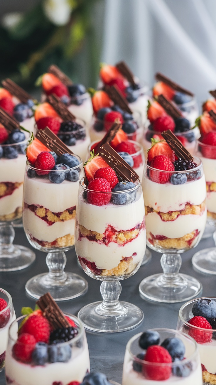 Colorful no-bake dessert shooters in glass cups layered with mousse, cake bits, and berries, garnished with chocolate shavings.