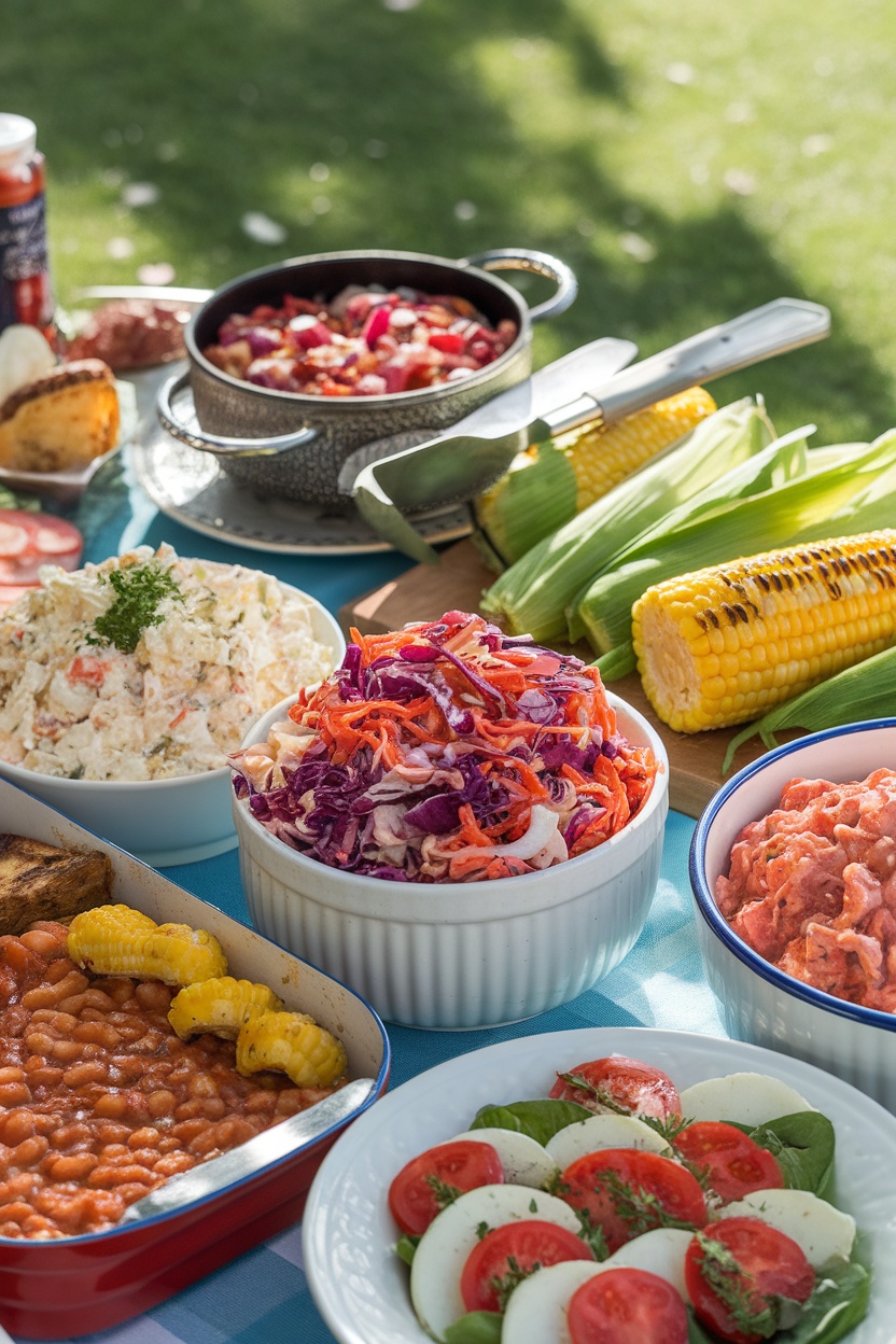 A variety of BBQ side dishes including coleslaw, potato salad, grilled corn, baked beans, and Caprese salad on a picnic table.