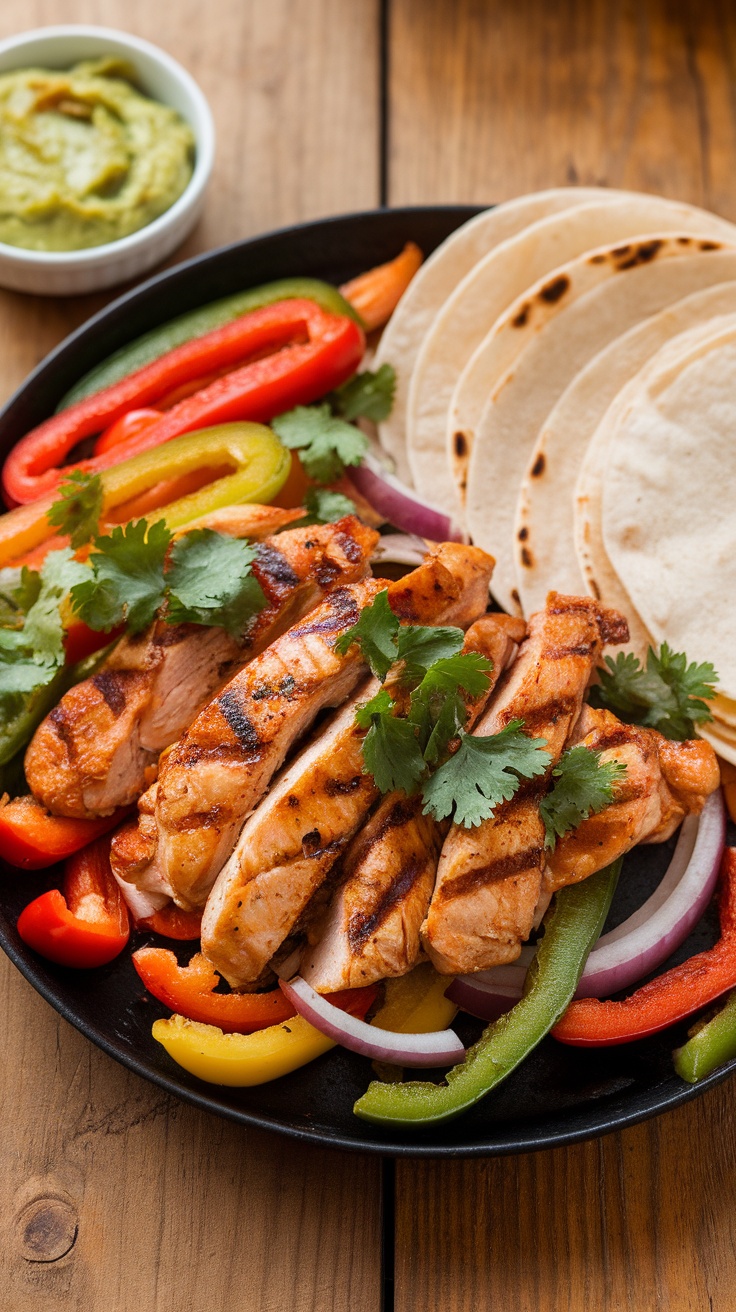 Sizzling chicken fajitas with bell peppers and onions, served with warm tortillas and garnishes on a wooden table.