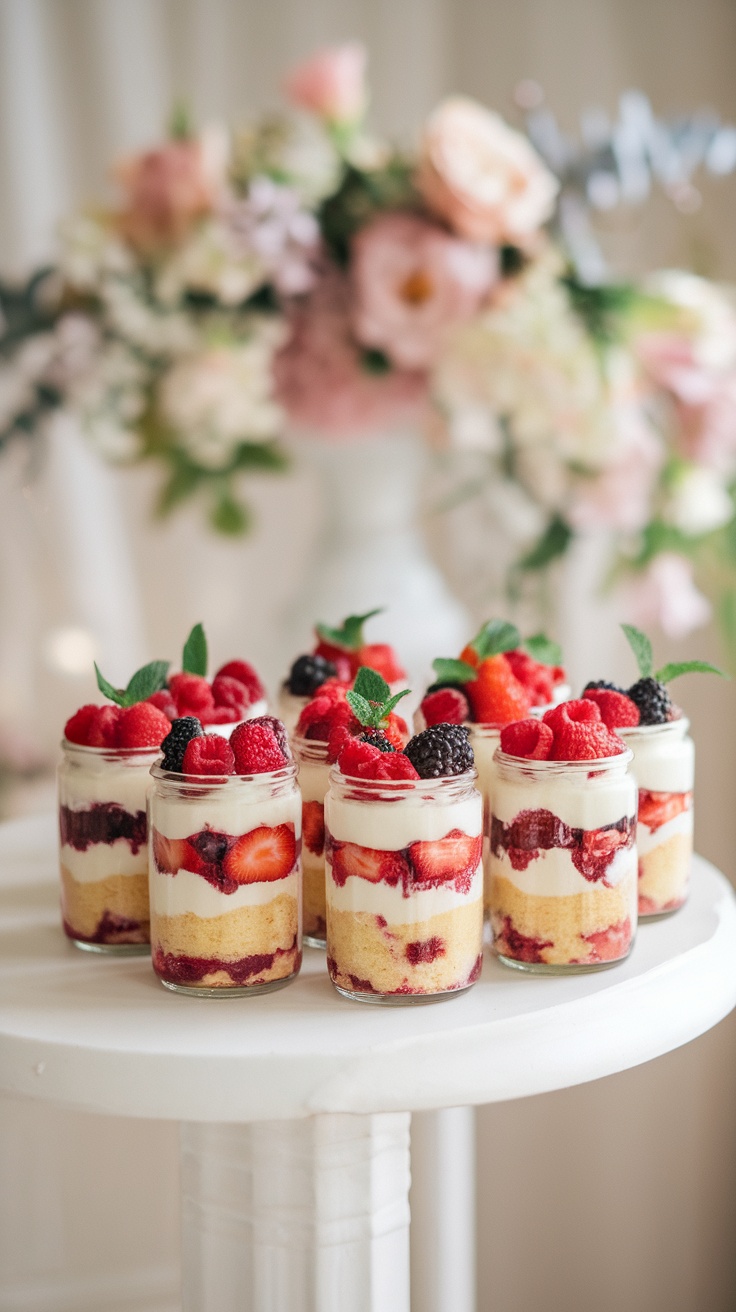 Mini dessert shooters with layers of cake, whipped cream, and berries, beautifully arranged on a table.