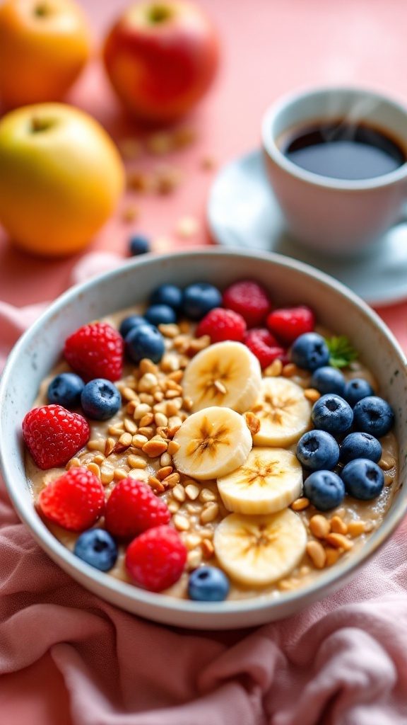 A colorful bowl of oatmeal with berries and banana slices on a breakfast table.
