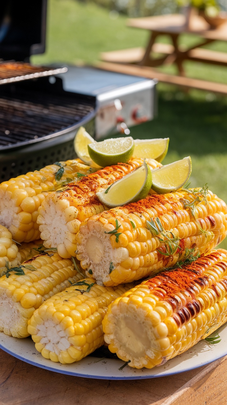 A colorful plate of grilled corn on the cob, garnished with herbs and lime, set outdoors.