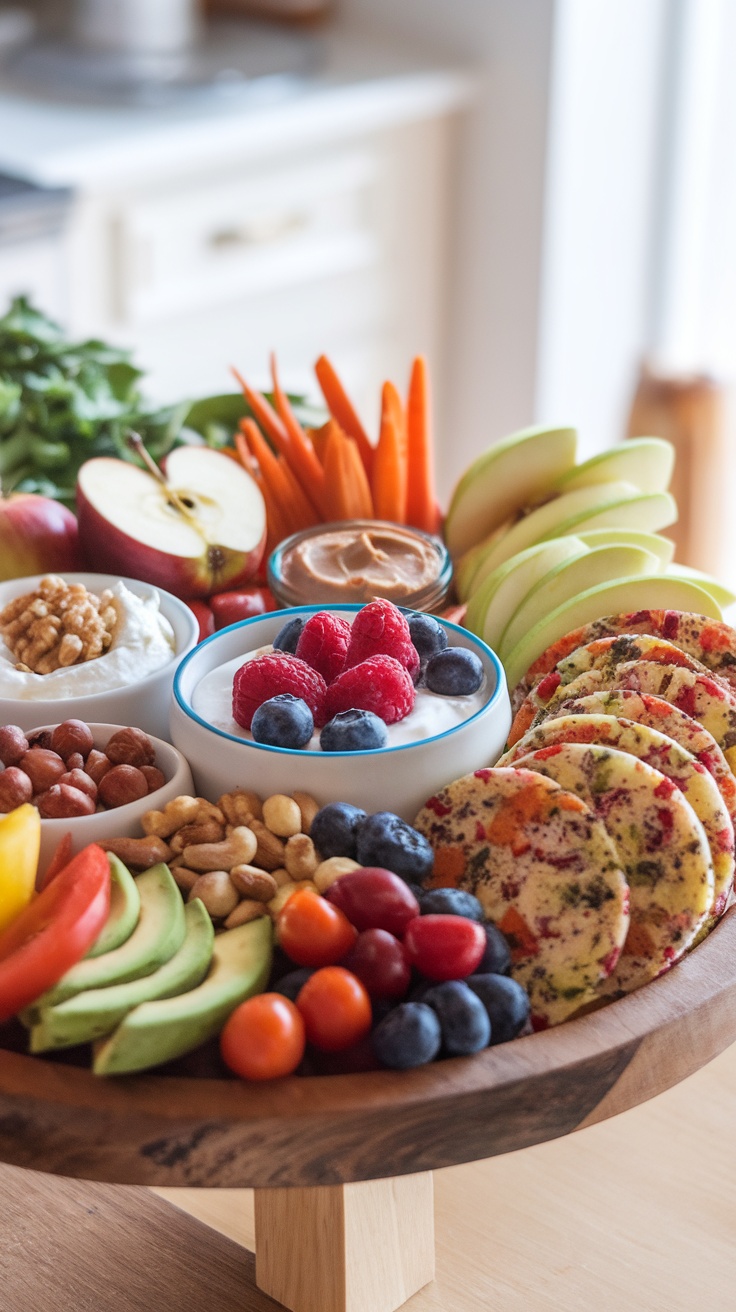 A colorful platter of healthy snacks including yogurt with berries, apple slices with nut butter, carrot sticks with hummus, avocado rice cakes, cottage cheese with fruit, and mixed nuts.