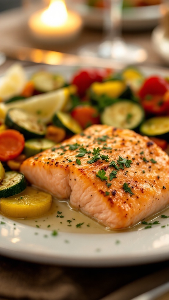 A plated baked salmon dinner with herbs and lemon, served with roasted vegetables.