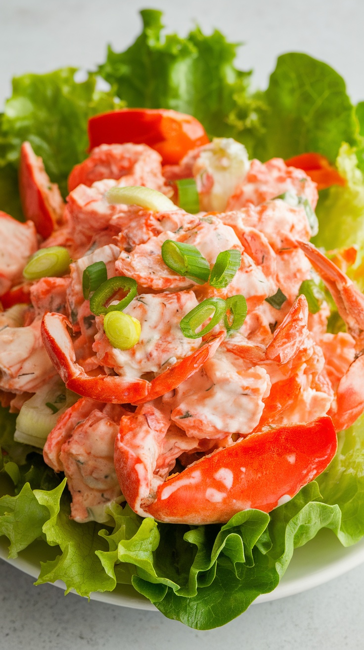 A colorful crab salad on lettuce with crab meat, bell pepper, and onions.