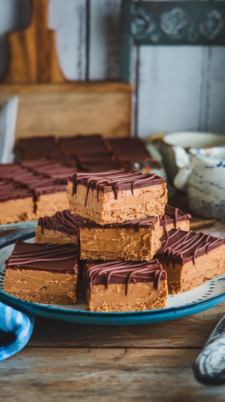 Peanut Butter No Bake Bars drizzled with chocolate, served on a rustic plate, with a warm kitchen backdrop.