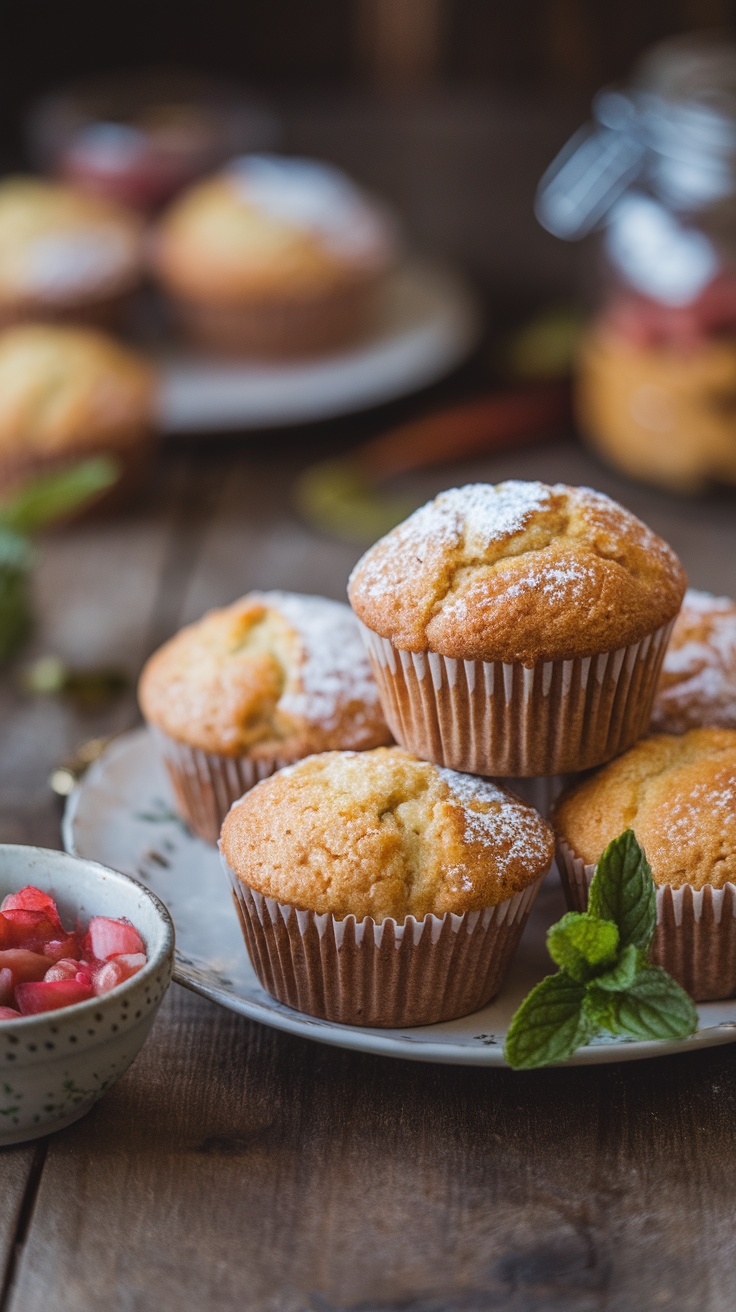 Freshly baked rhubarb muffins on a plate with powdered sugar and rhubarb compote.