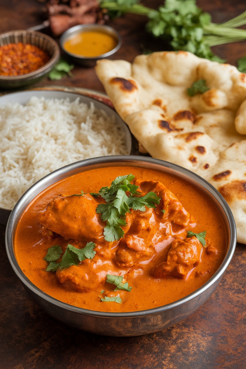 A bowl of chicken tikka masala garnished with cilantro, accompanied by rice and naan, set against a rustic table.
