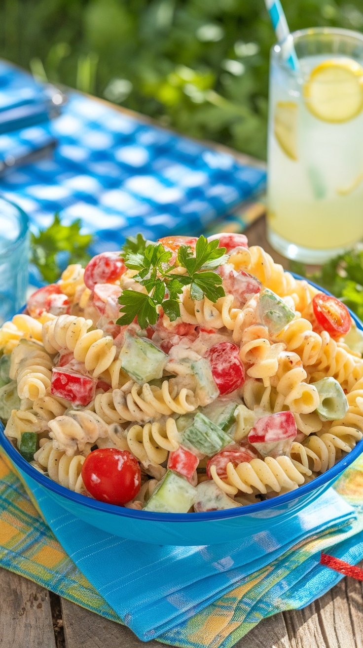 A vibrant bowl of creamy pasta salad with cherry tomatoes, cucumbers, and bell peppers on a rustic table.