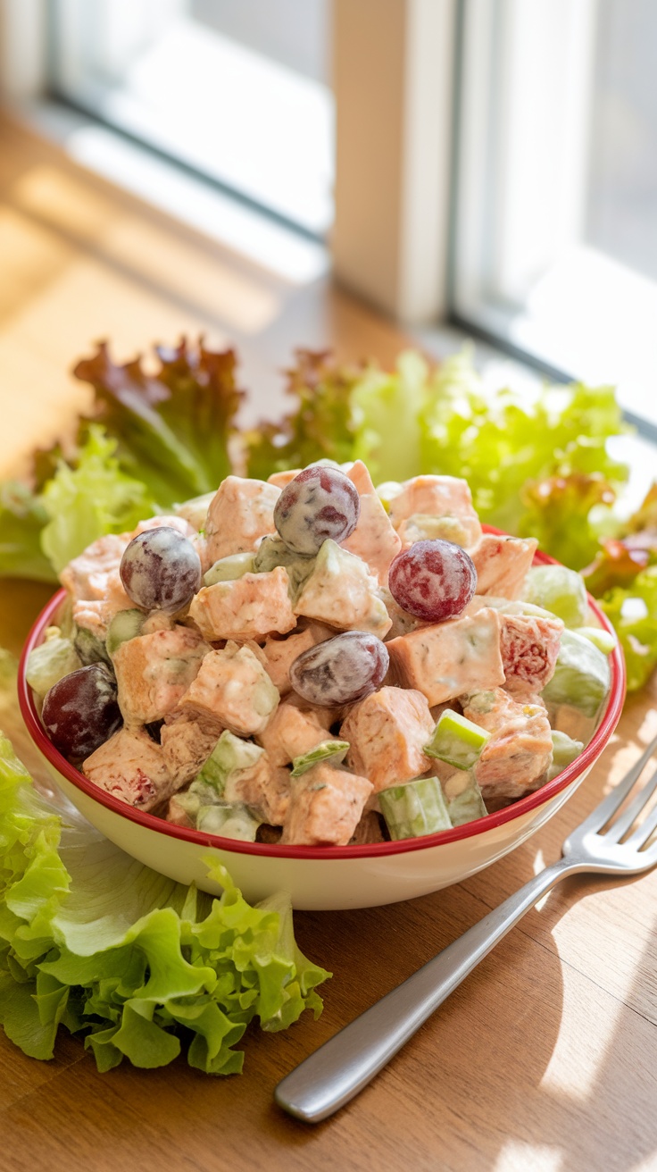 A colorful diced chicken salad with chicken, celery, grapes on a wooden table in a sunny kitchen.