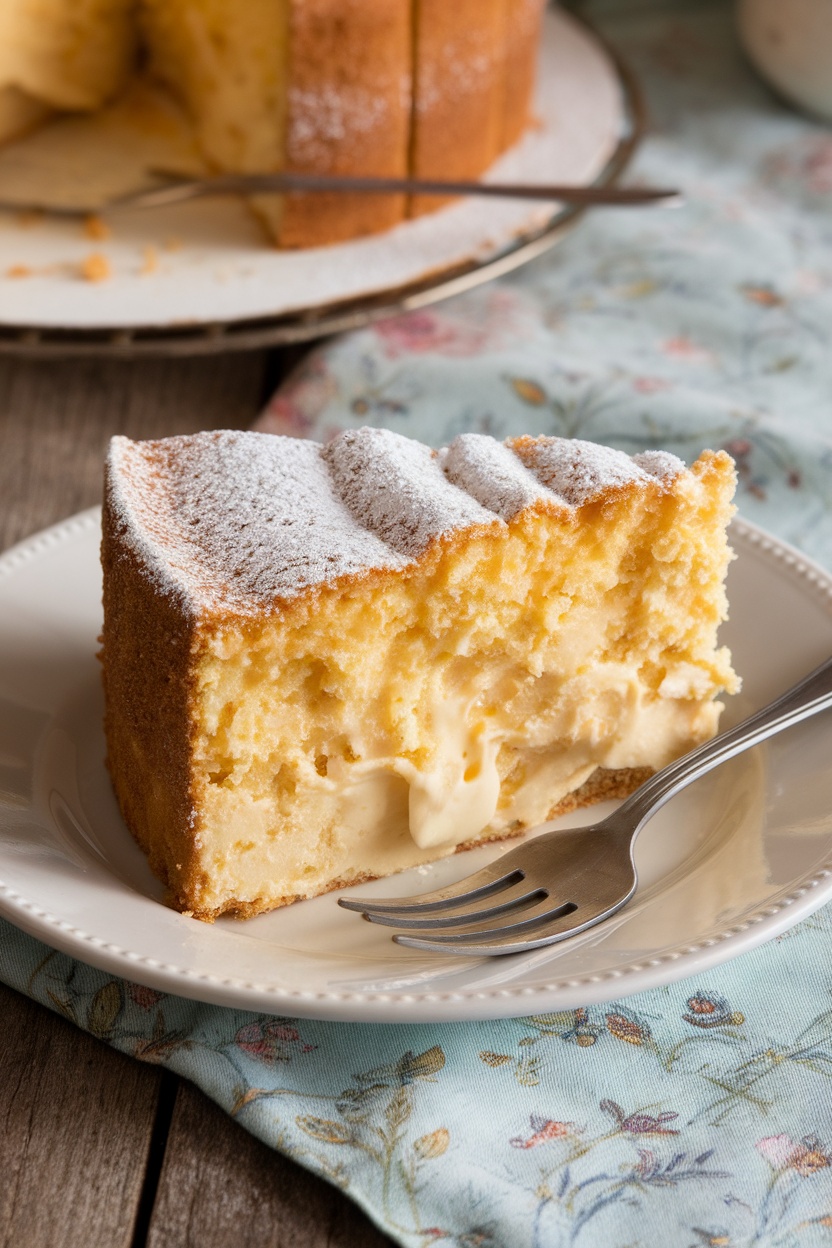 A slice of ooey gooey butter cake on a plate, dusted with powdered sugar, with a fork beside it.