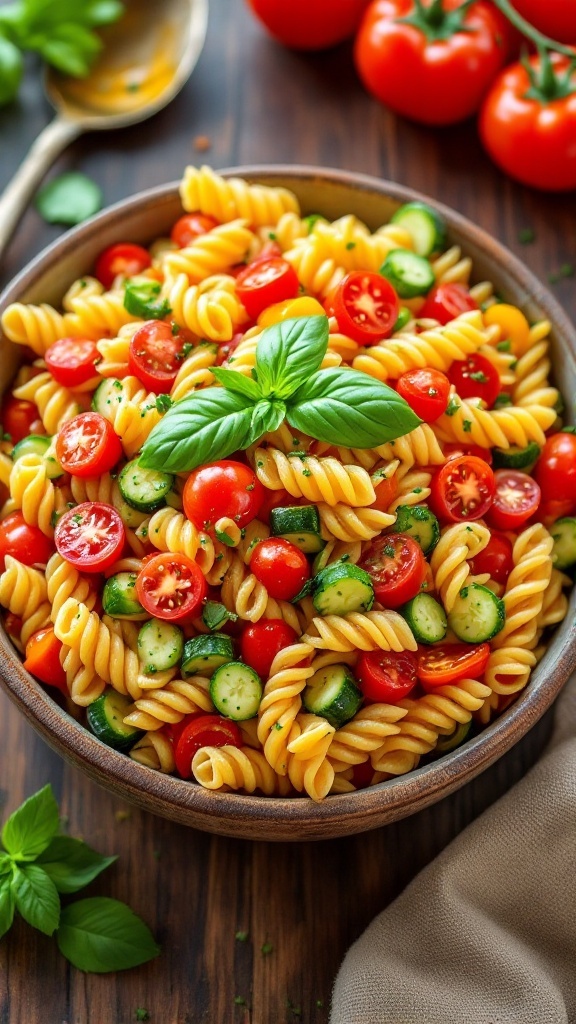 A colorful Italian pasta salad with cherry tomatoes, cucumbers, and bell peppers in a bowl on a rustic table.