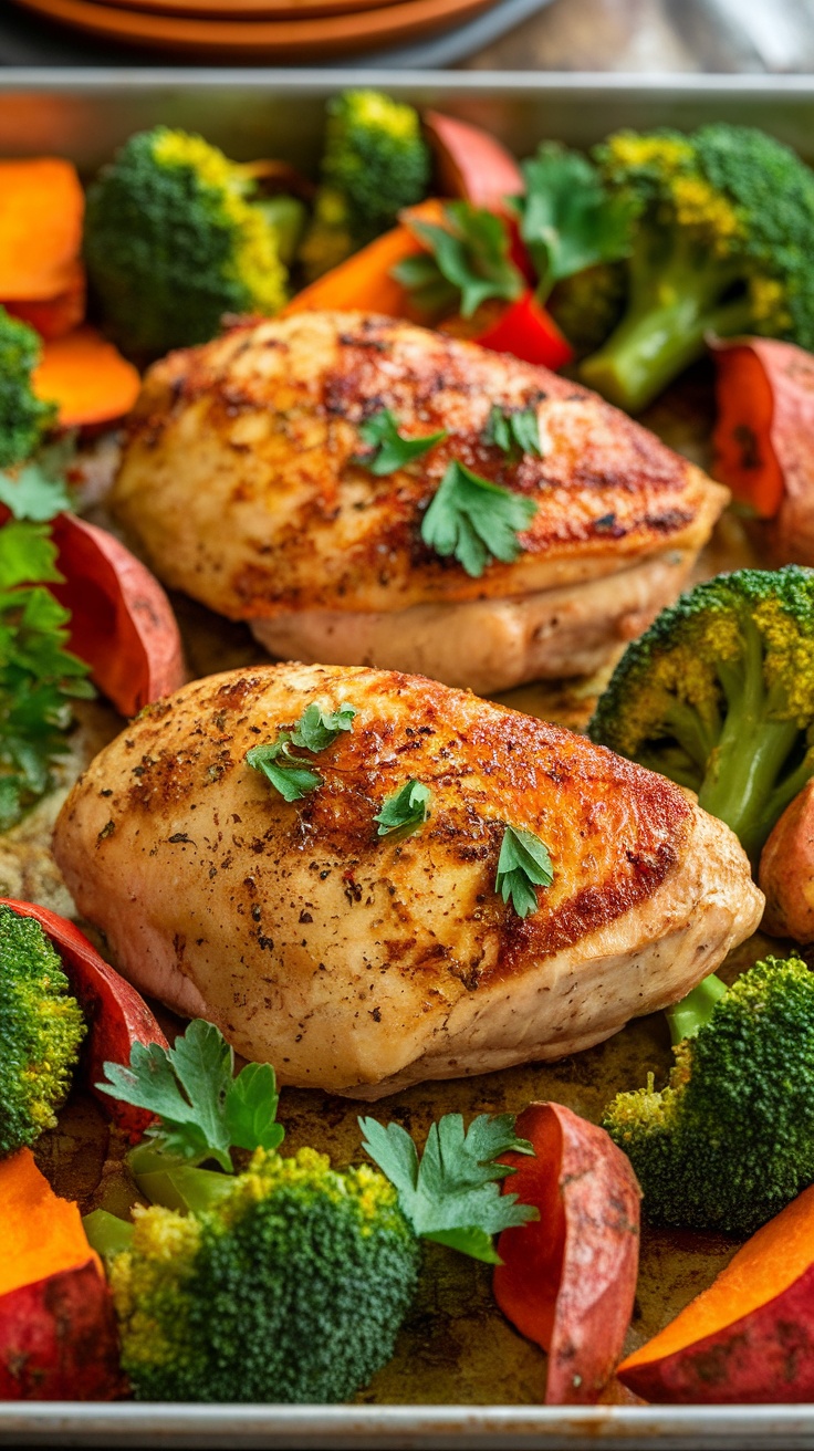 A delicious sheet pan chicken dinner with roasted vegetables, garnished with parsley.
