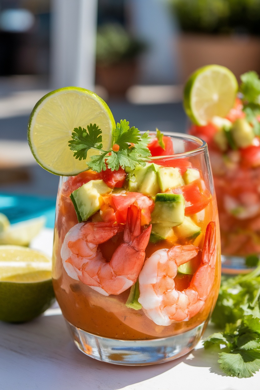 A glass filled with Mexican Shrimp Cocktail, featuring shrimp, tomatoes, avocado, and lime, set against a sunny outdoor backdrop.