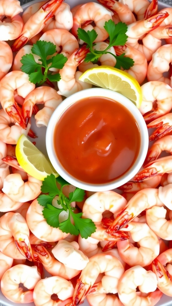 A classic shrimp cocktail platter with shrimp, cocktail sauce, lemon wedges, and parsley.