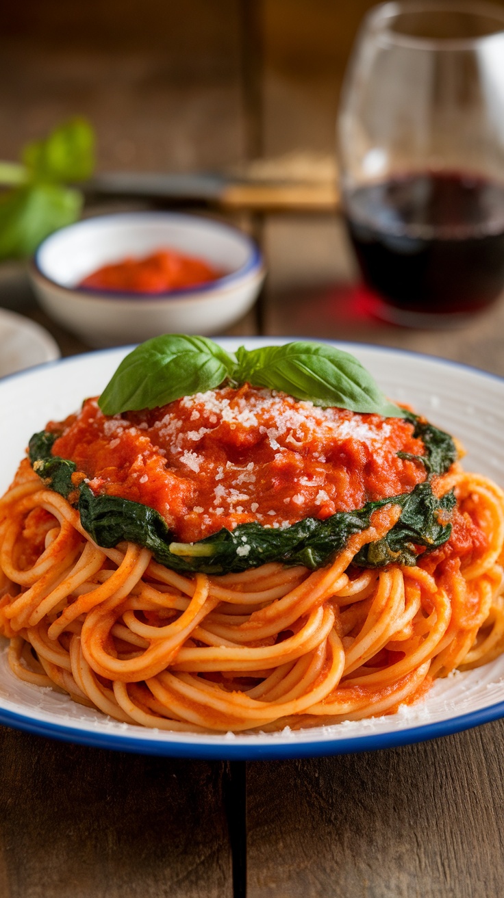 A delicious plate of spaghetti with tomato sauce and spinach, garnished with basil and Parmesan cheese.