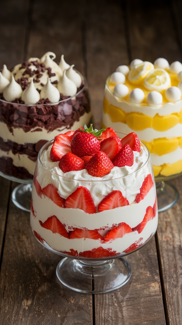A trio of trifle bowls featuring strawberry shortcake, chocolate brownie, and lemon meringue trifles, garnished and displayed on a wooden table.