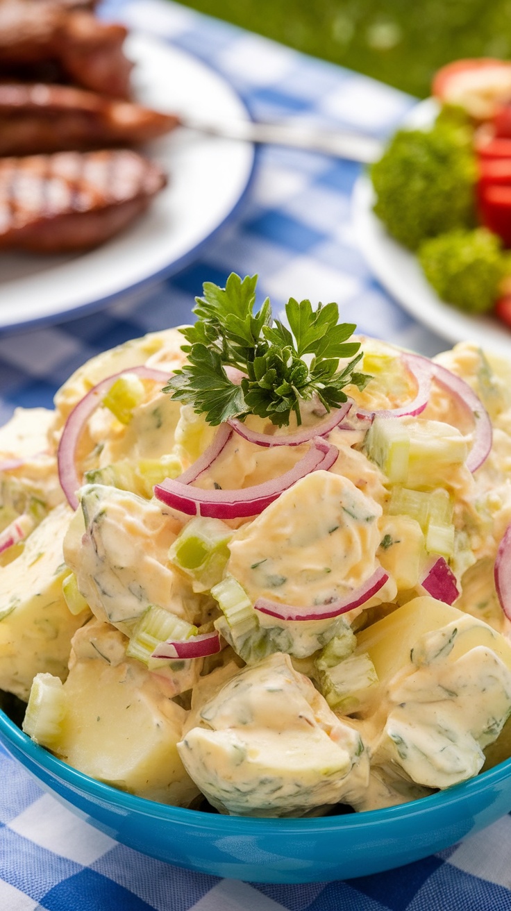 A bowl of creamy potato salad with diced potatoes, celery, and red onions, garnished with parsley on a picnic table.