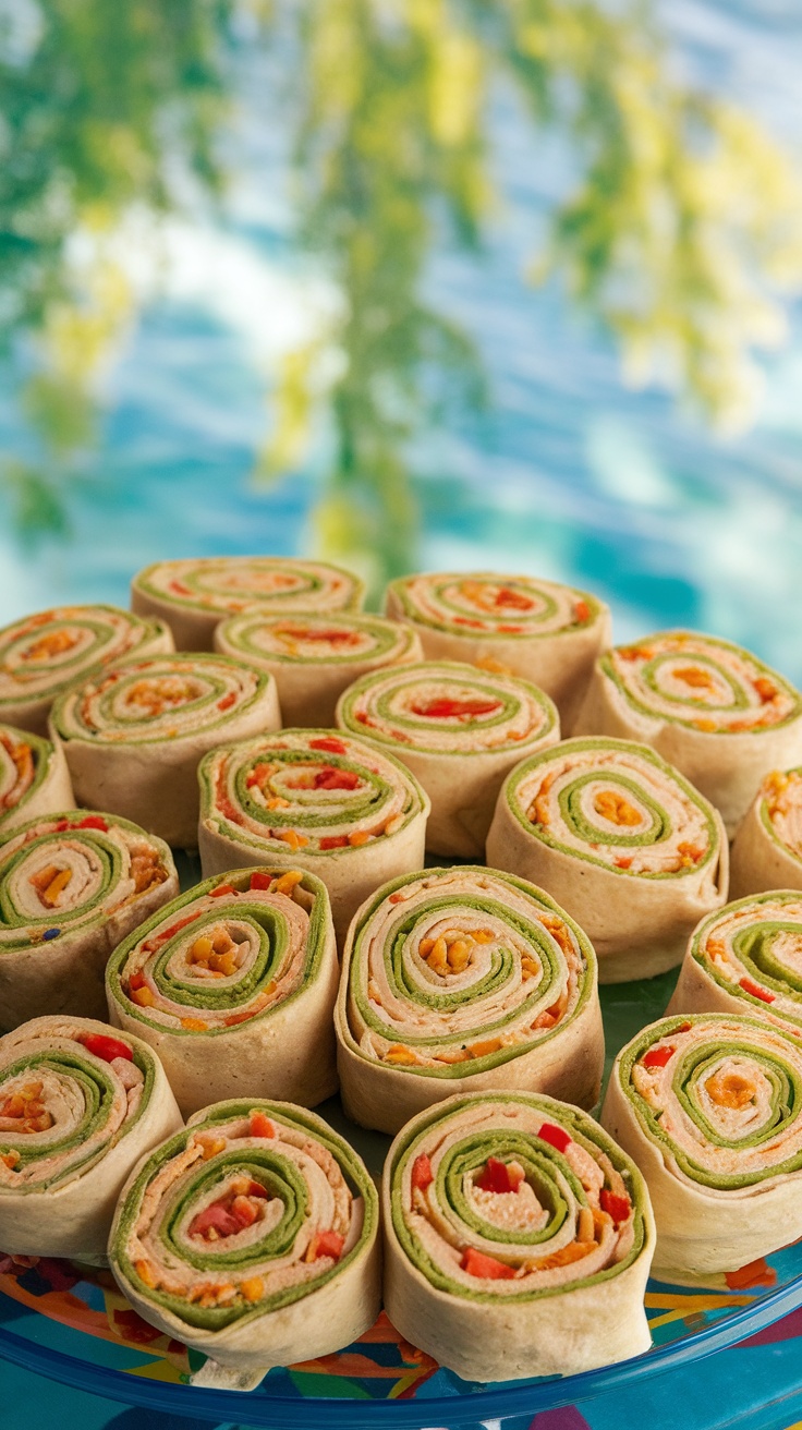 A platter of chicken pinwheels arranged beautifully, showcasing their colorful filling against a sunny outdoor backdrop.