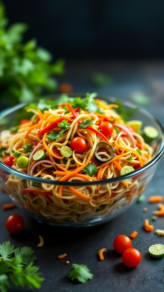 A colorful Asian noodle salad with sesame dressing, featuring carrots, cherry tomatoes, and herbs in a glass bowl.