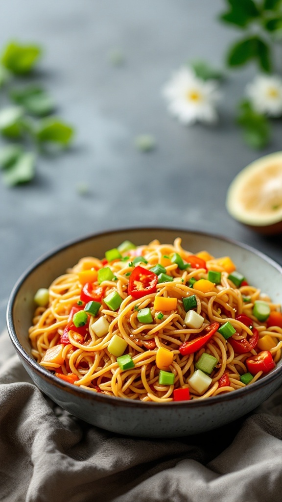 A bowl of Asian Sesame Noodle Salad with colorful vegetables and noodles.