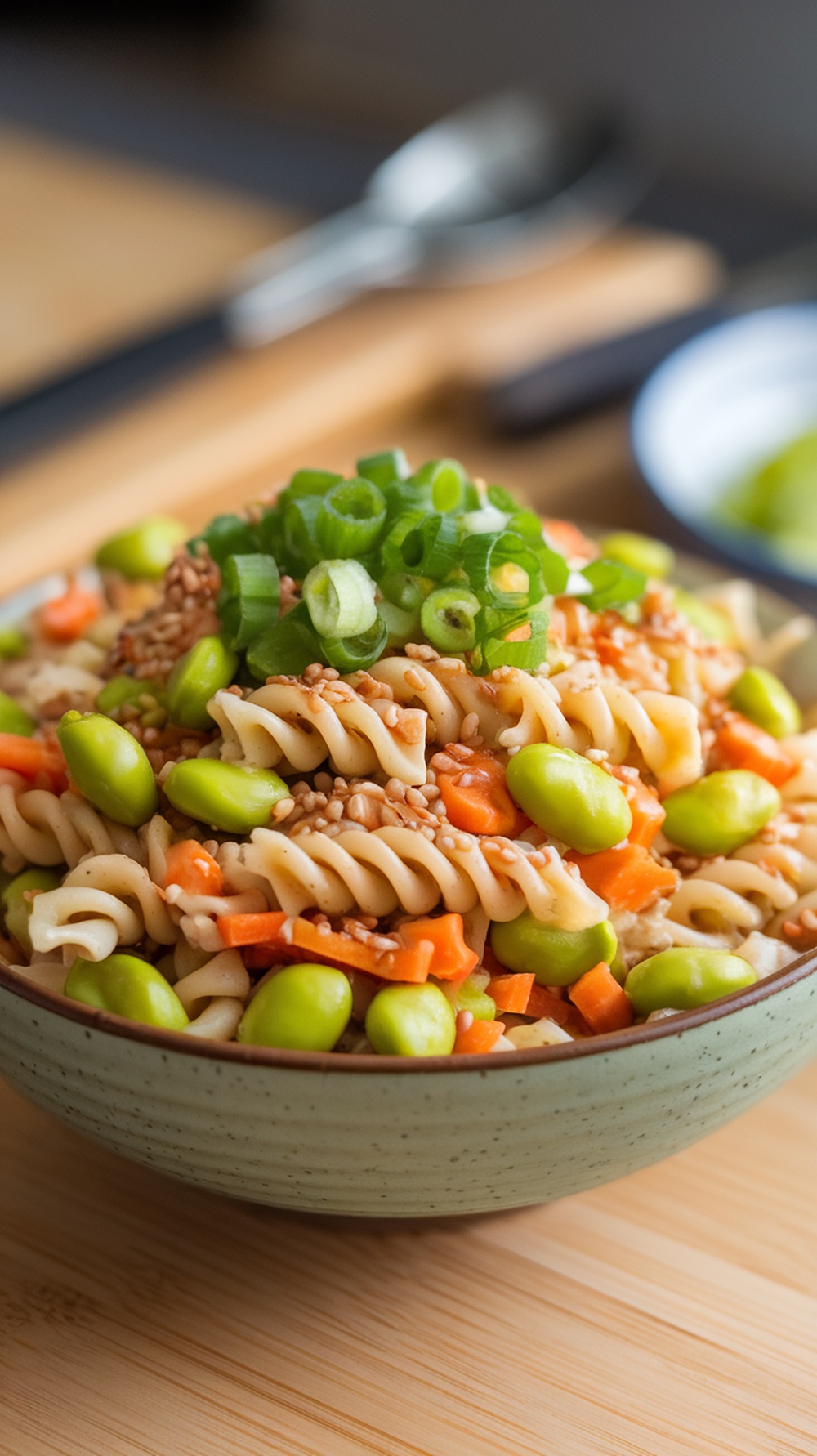 A bowl of Asian Sesame Pasta Salad featuring edamame, carrots, and green onions.