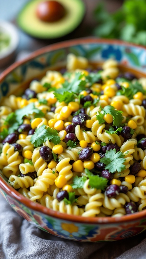 A colorful bowl of avocado and black bean pasta salad with pasta, black beans, corn, and cilantro.
