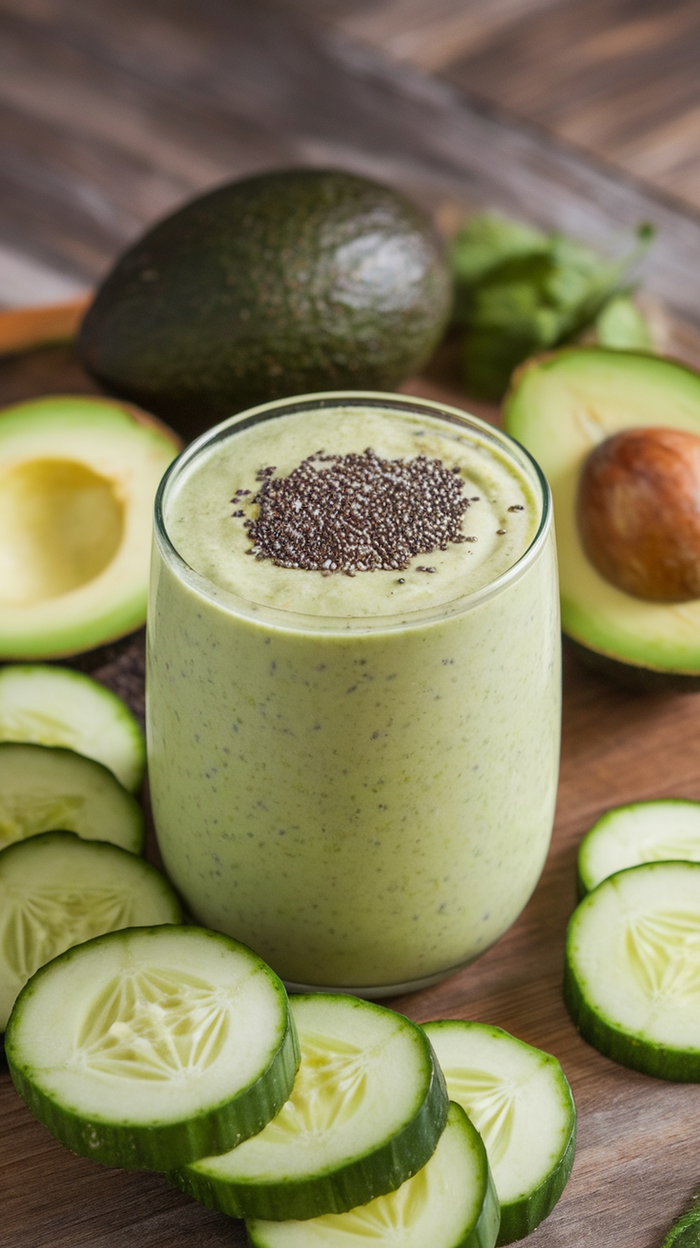 A glass of Avocado Cucumber Green Smoothie surrounded by sliced cucumber and avocado