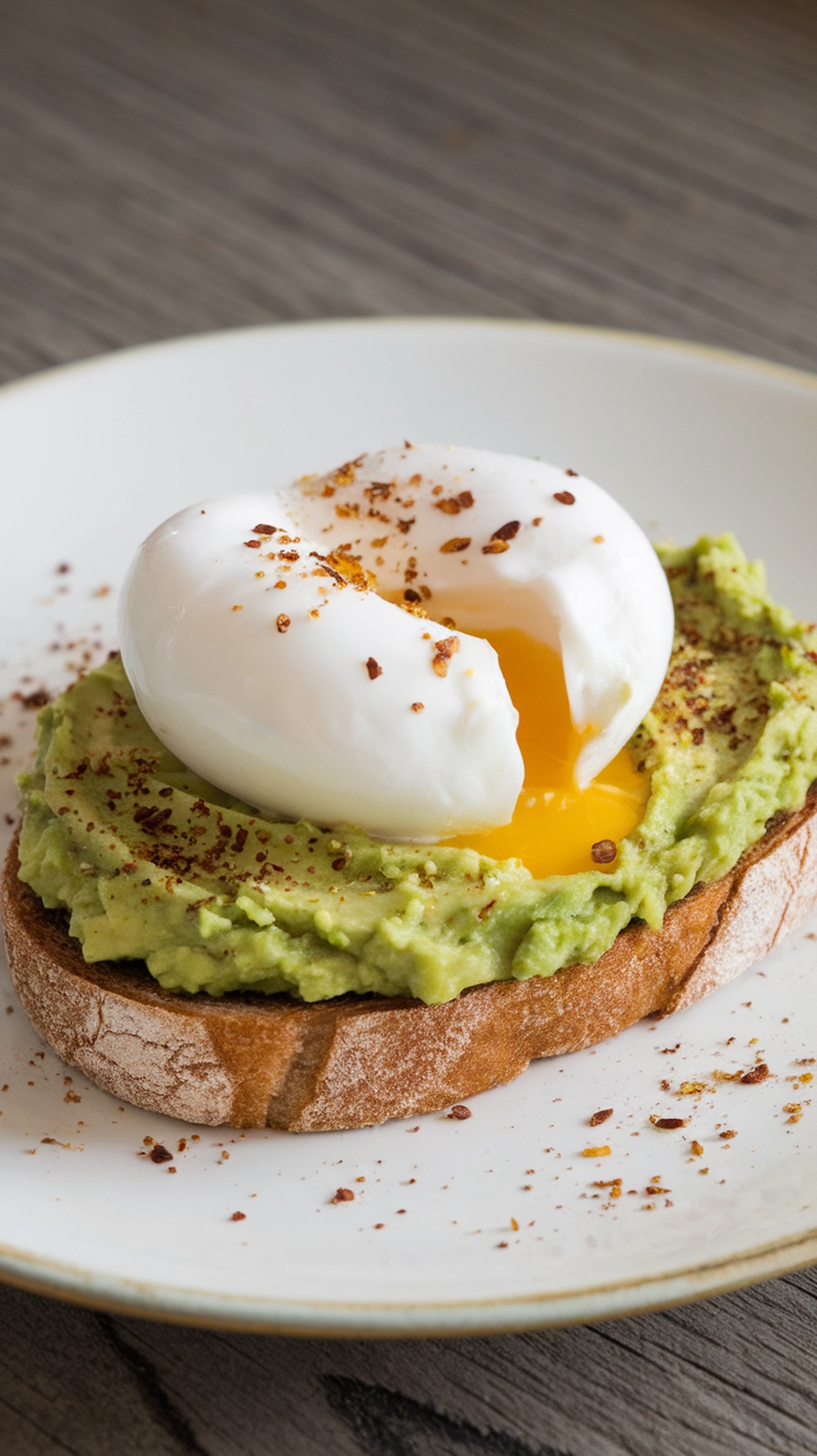 A plate of avocado toast topped with a poached egg and sprinkled with red pepper flakes.