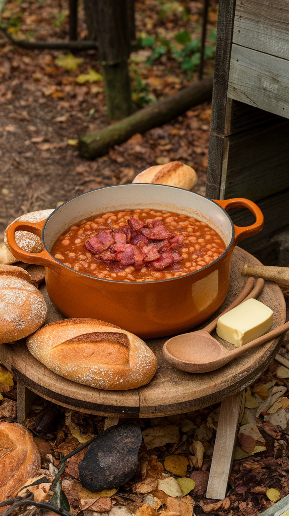 A pot of baked beans with bacon surrounded by bread rolls on a wooden table.