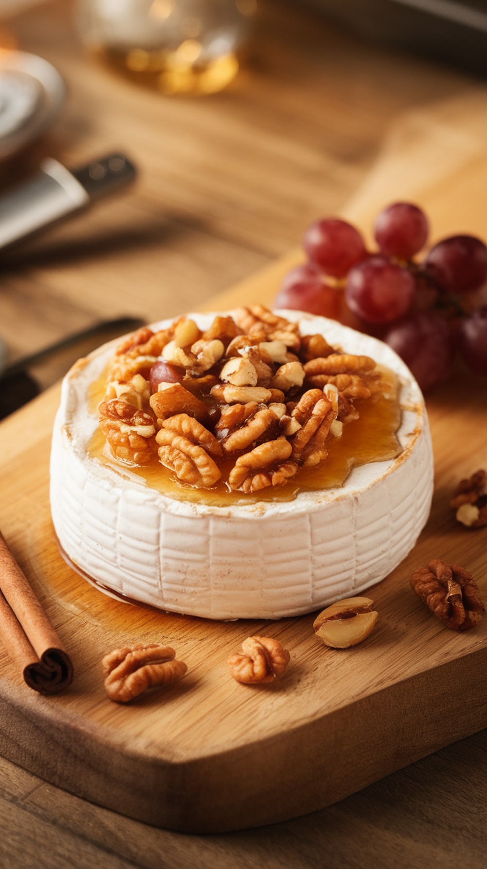 A baked brie topped with honey and nuts, surrounded by grapes and cinnamon sticks on a wooden board.