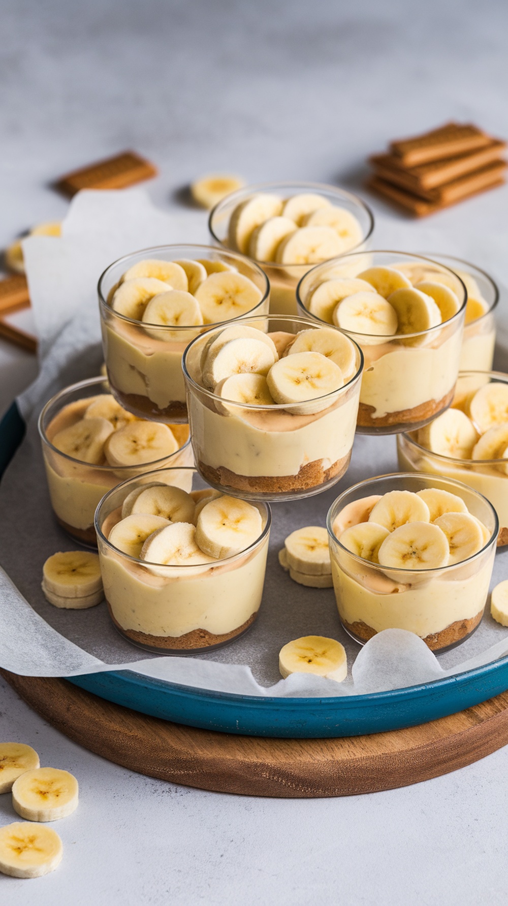 Delicious mini banana pudding cups with vanilla wafers and banana slices.