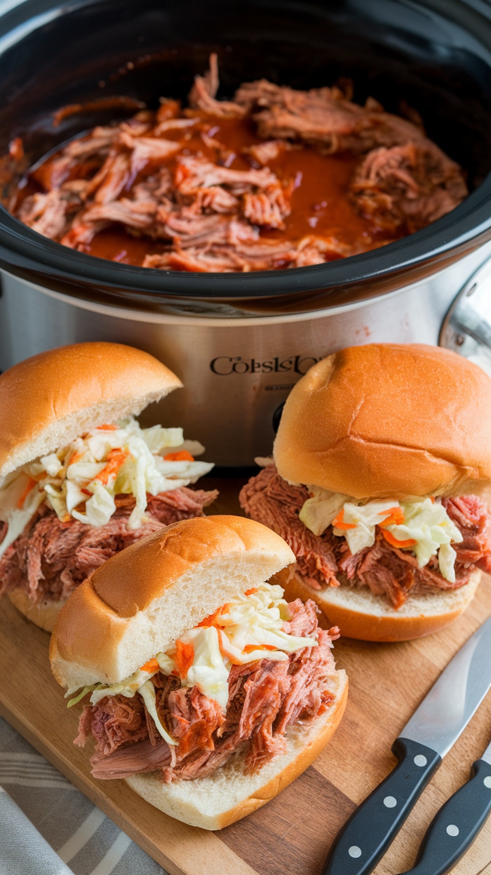 BBQ pulled pork sandwiches with coleslaw on soft buns, served with a side of crockpot filled with shredded pork.