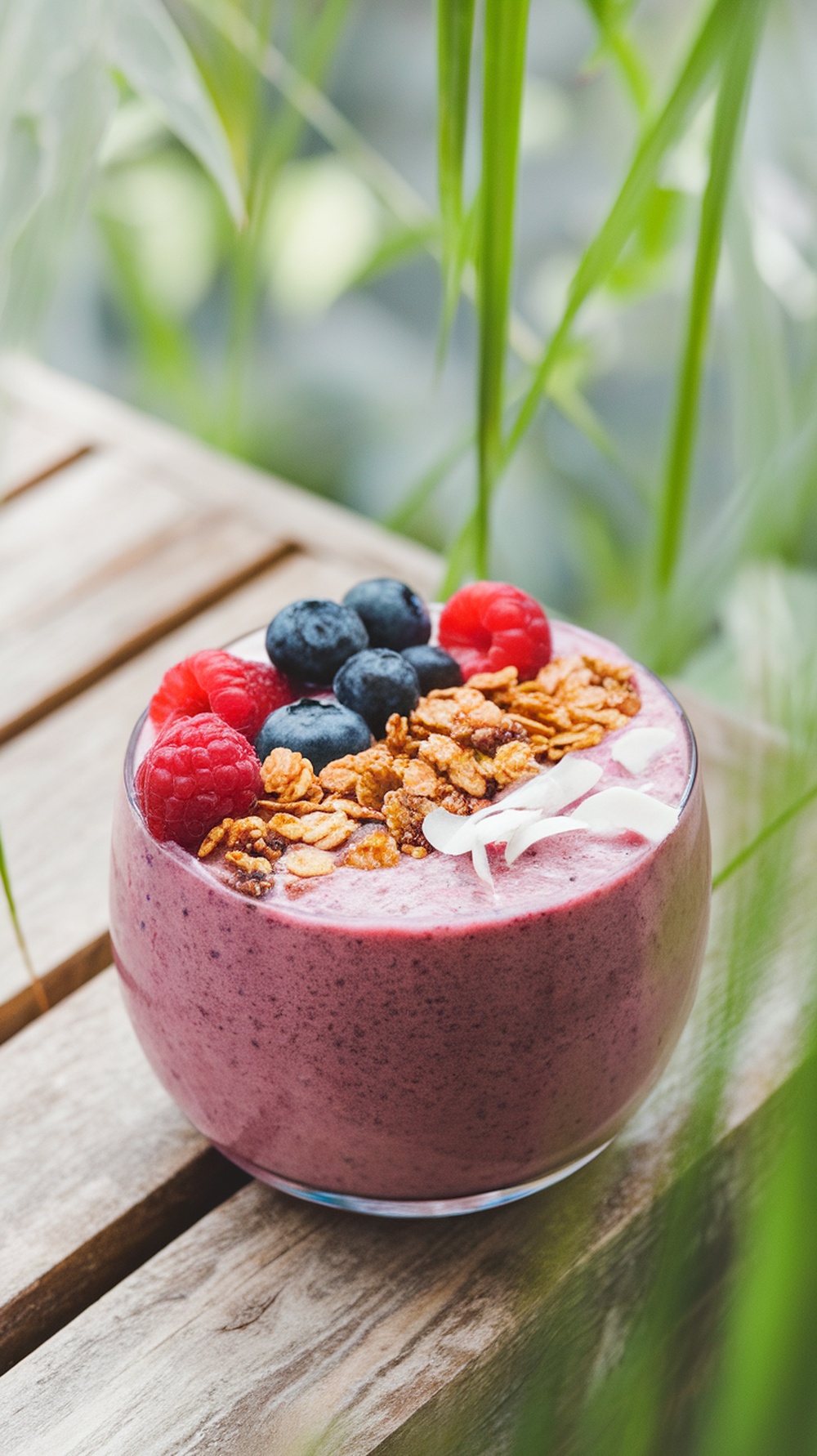 A colorful berry cucumber smoothie bowl topped with fresh berries and granola.