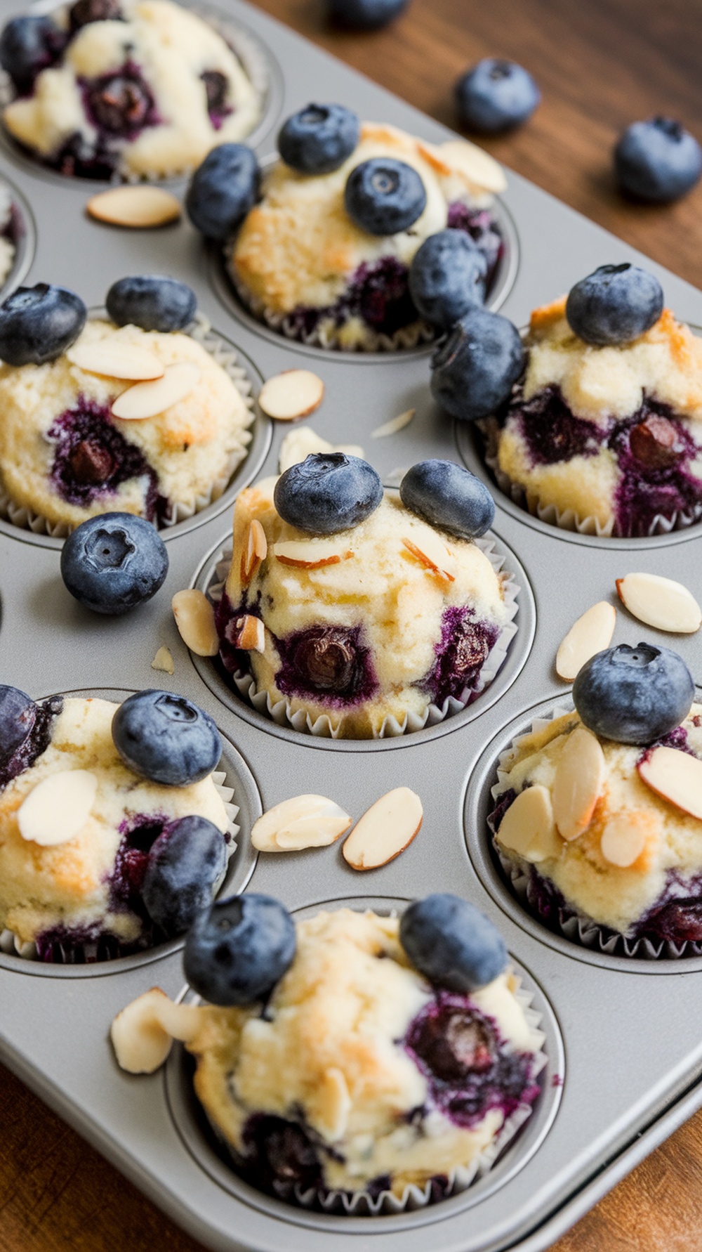 A tray of blueberry almond mini muffins topped with fresh blueberries and slivered almonds.
