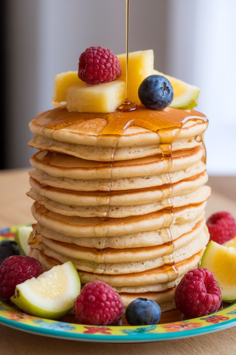 A tall stack of pancakes topped with syrup and fresh fruits