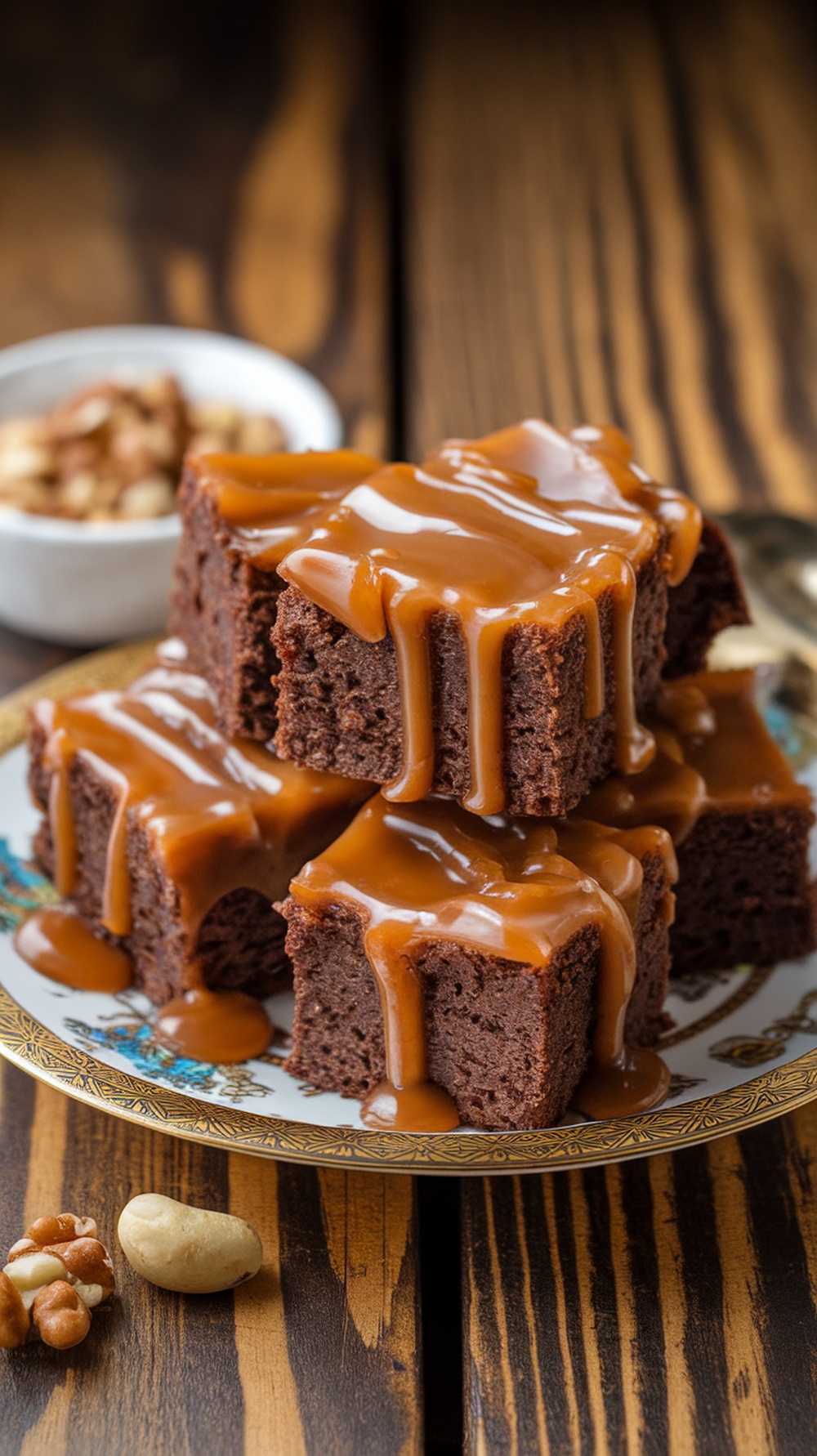 Decadent brownie bites drizzled with caramel sauce, served on a decorative plate with nuts.