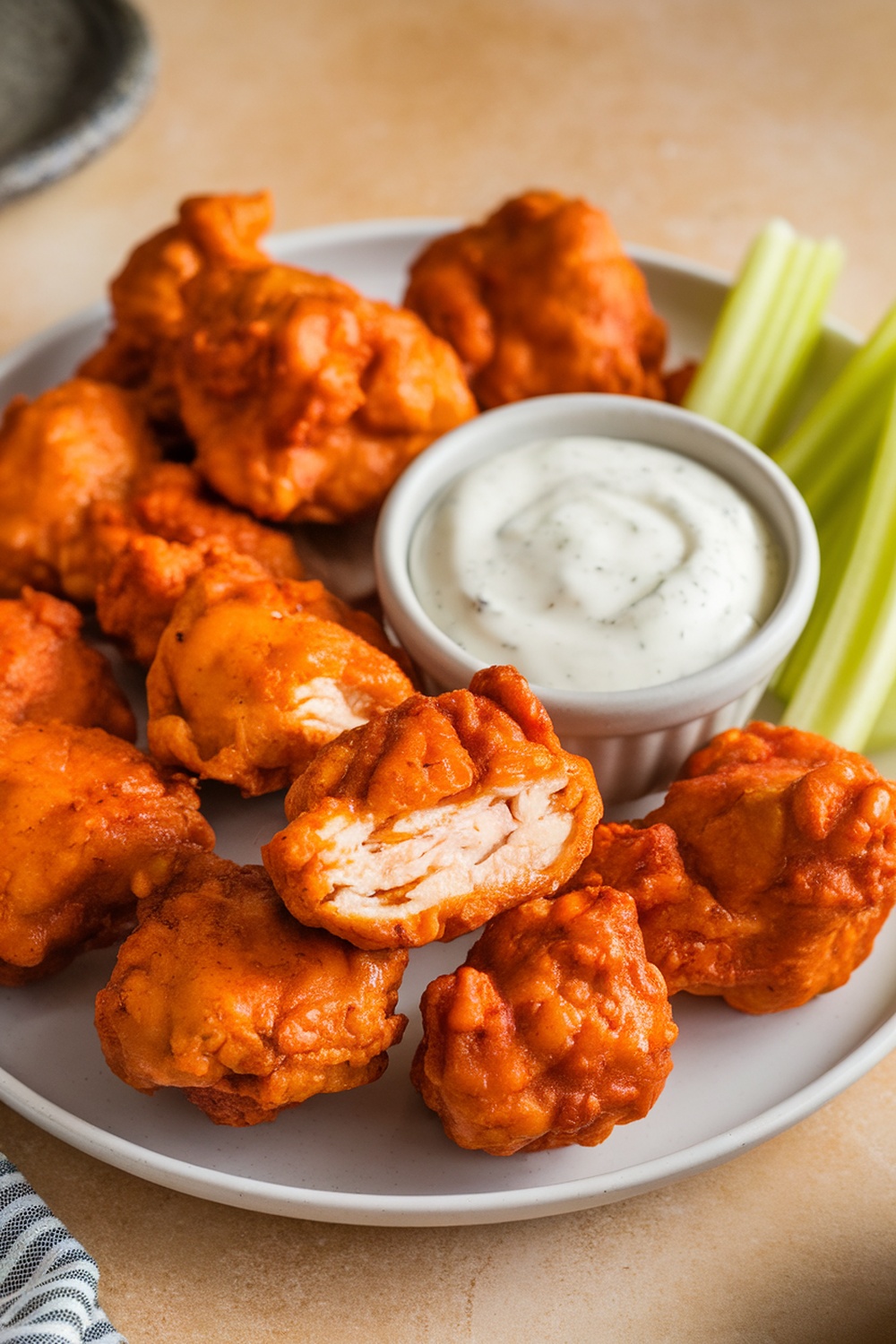 A plate of Buffalo Air Fryer Chicken Bites with ranch dip and celery sticks.