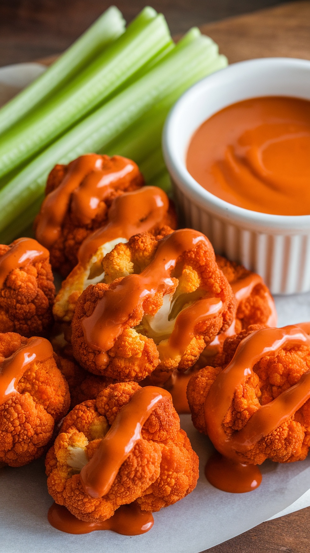 Buffalo cauliflower bites with celery sticks and dipping sauce