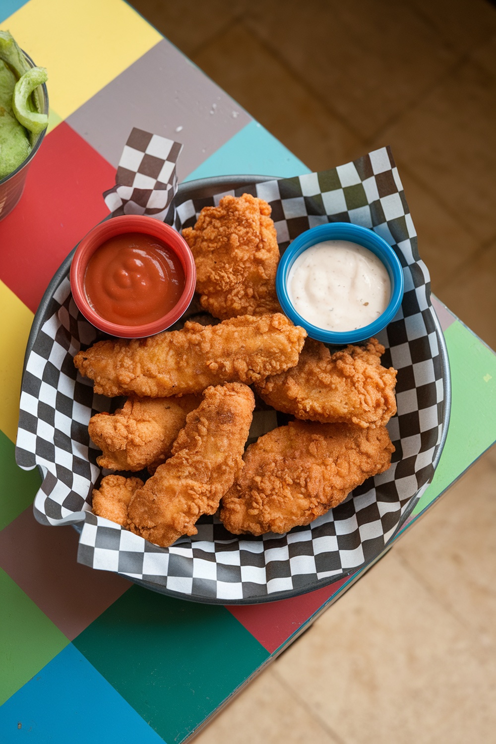 A basket of crispy chicken tenders with ketchup and ranch dressing on a colorful table.