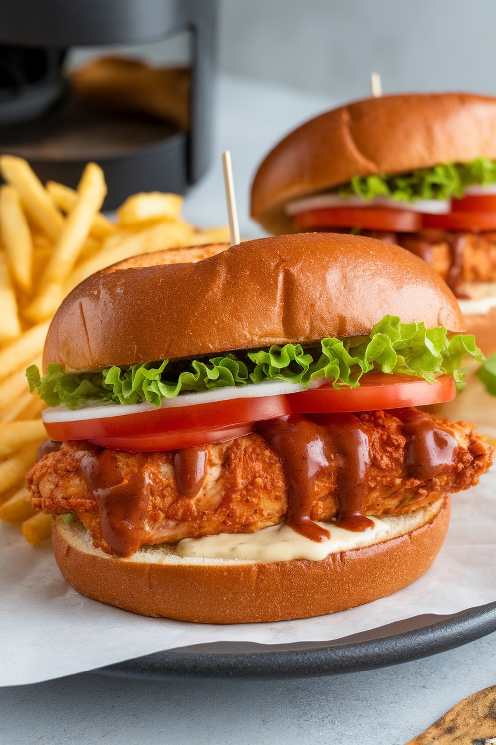 Cajun Air Fryer Chicken Sandwich with lettuce, tomatoes, and sauce, served with fries.